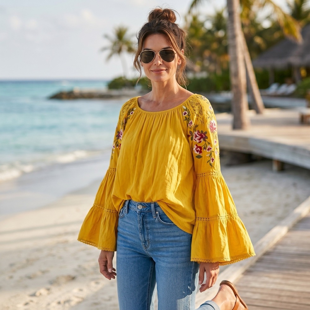 PinkBlush Boho Embroidered Blouse Medium Yellow Floral Peasant Top Flowy Sleeve